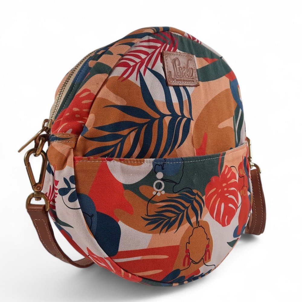 Sseko Uganda Circle Crosabody Bag Artisan Tropical Leather Canvas Graphic Round View 3